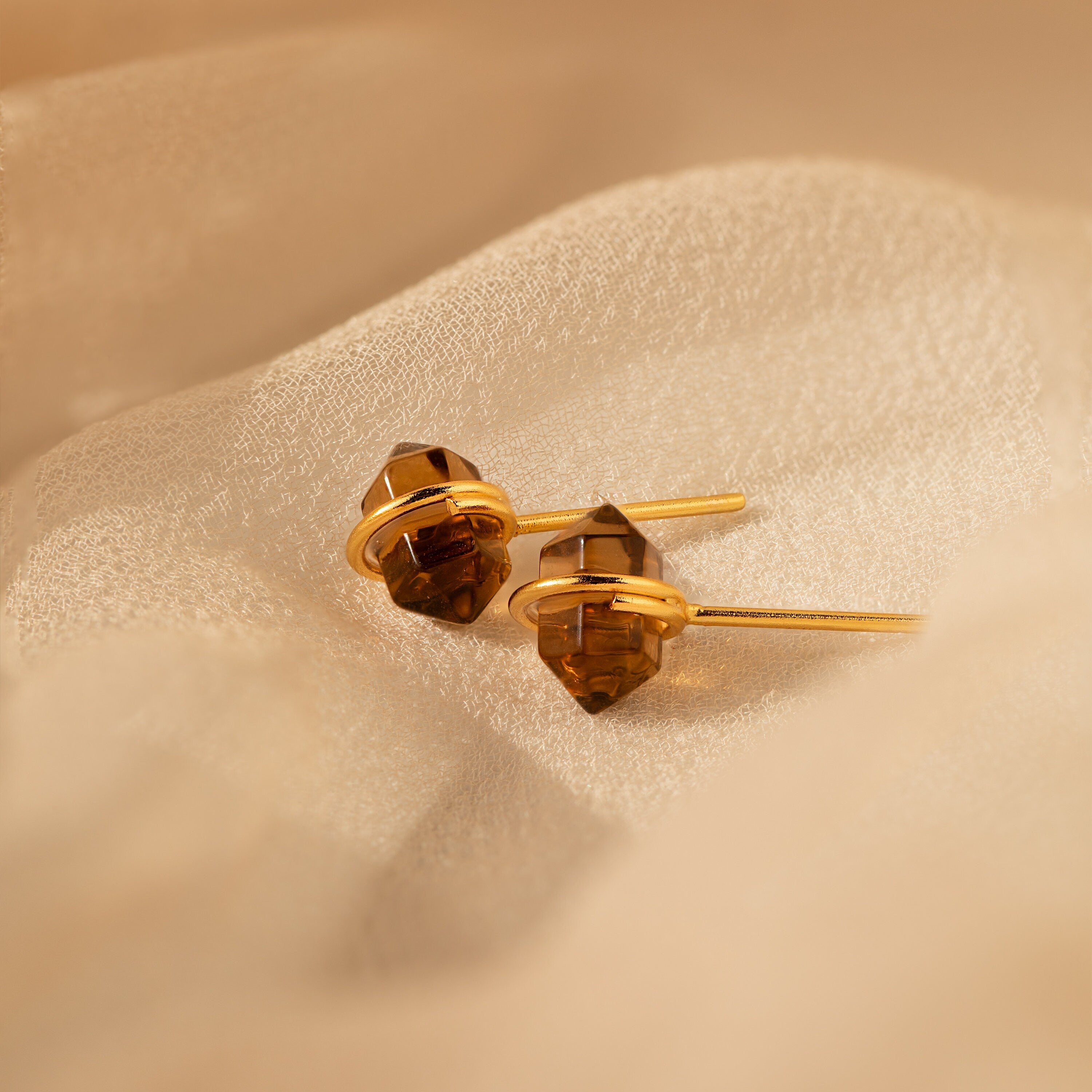 Herkimer Smoky Quartz Studs 18K Gold